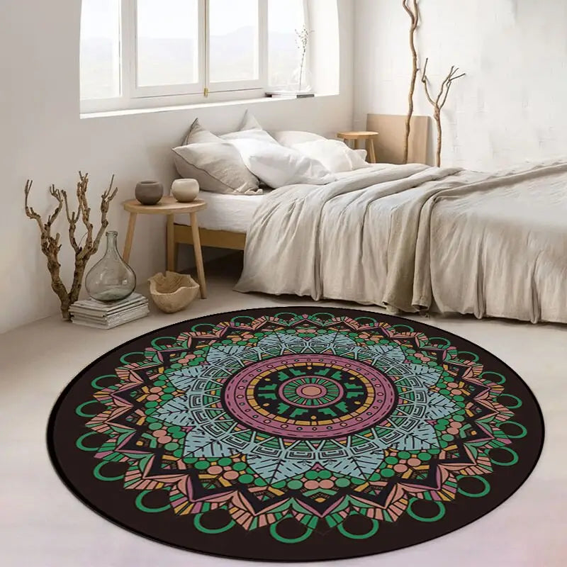Tapis rond exotique noir et bleu Heikoa 80x80cm Noir-bleu-vert