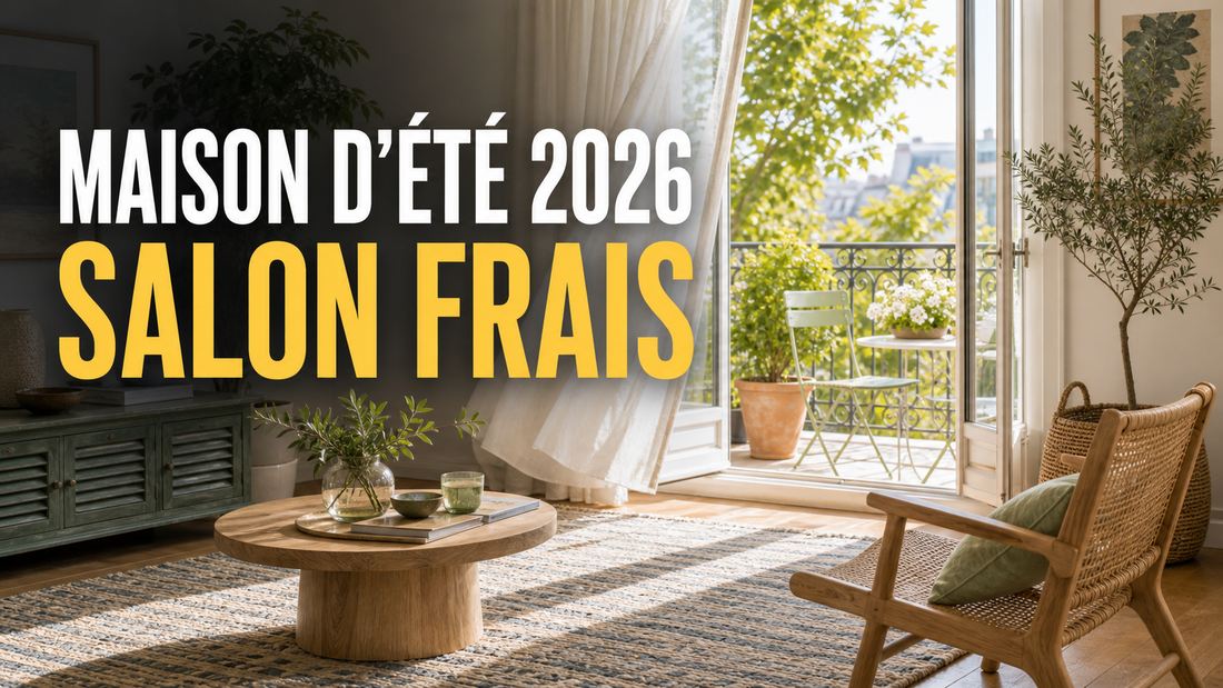 Salon d'été 2026 ouvert sur un balcon avec grand titre Maison d'été 2026 salon frais.