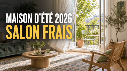 Salon d'été 2026 ouvert sur un balcon avec grand titre Maison d'été 2026 salon frais.
