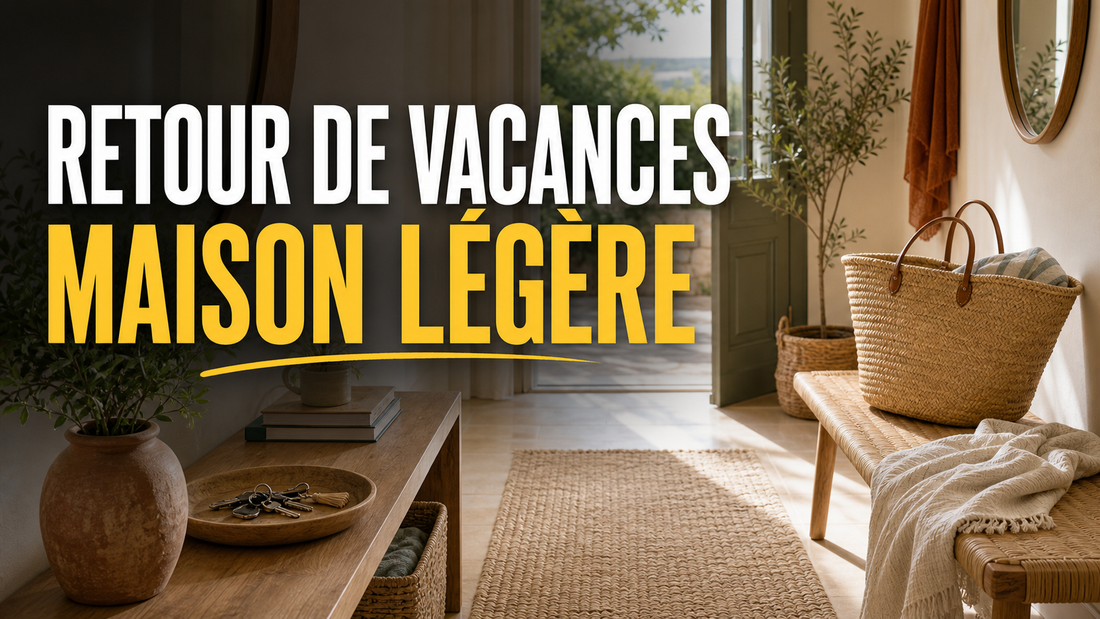 Entrée lumineuse avec panier de vacances, tapis naturel et titre Retour de vacances maison légère.