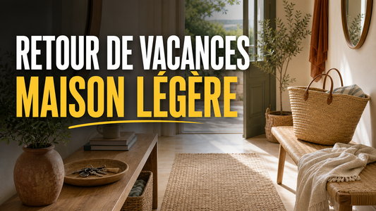 Entrée lumineuse avec panier de vacances, tapis naturel et titre Retour de vacances maison légère.