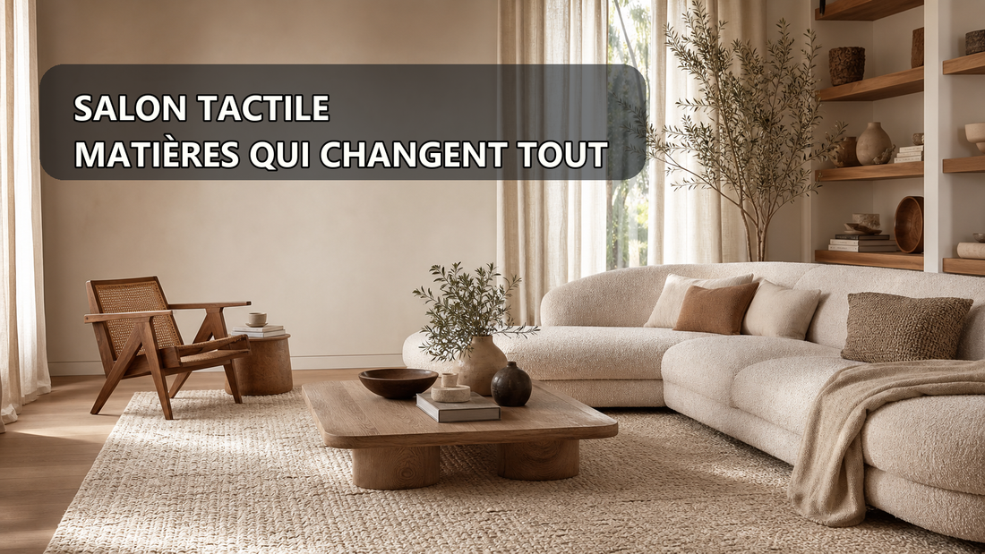Salon tactile avec tapis texturé, canapé bouclette, bois et fibres naturelles.