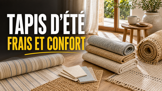 Échantillons et tapis roulés au soleil avec titre Tapis d'été frais et confort.