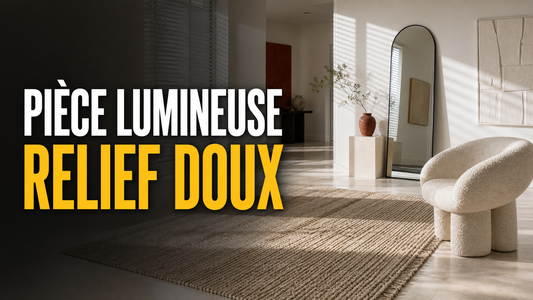 Pièce blanche très lumineuse avec ombres graphiques, tapis texturé et titre Pièce lumineuse relief doux.