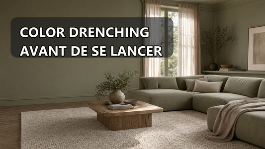 Salon en color drenching vert doux avec tapis clair pour garder de la respiration.