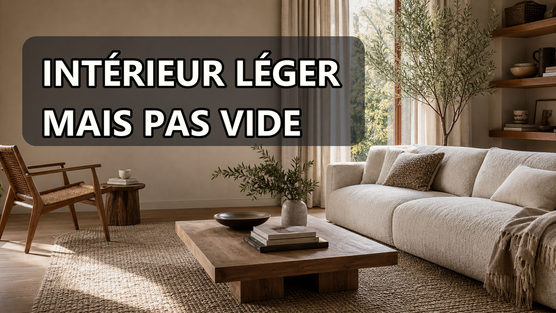 Intérieur léger mais chaleureux avec tapis, bois clair et peu d'objets bien choisis.