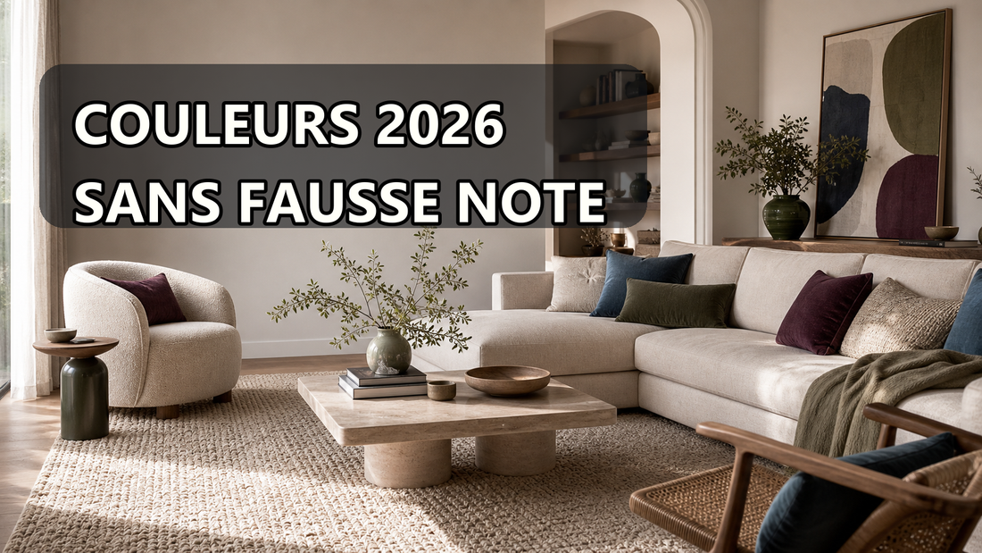 Salon avec couleurs Pinterest 2026 dosées par touches autour d'un tapis neutre.