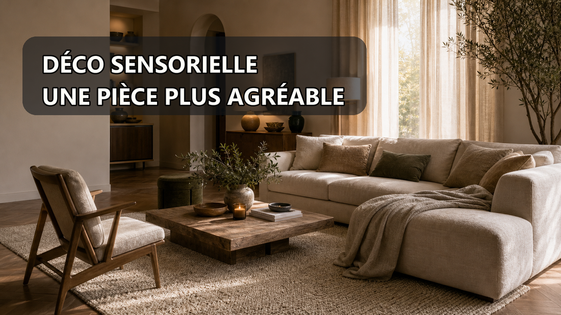 Pièce chaleureuse en décoration sensorielle avec lumière douce, tapis et matières tactiles.