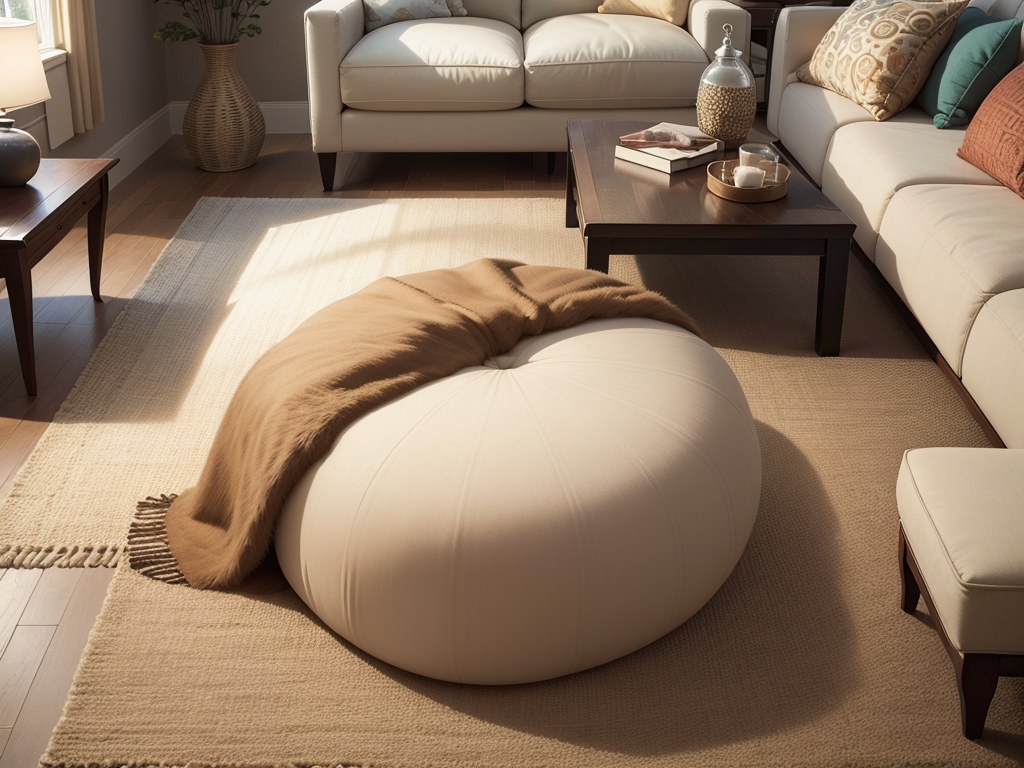 Tapis coordonné au canapé, aux rideaux et aux accessoires d’un salon