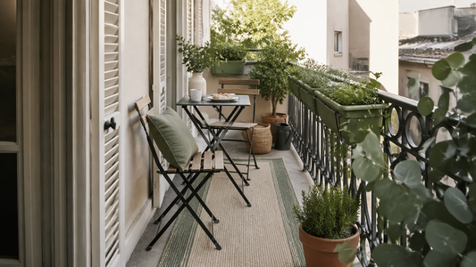 Balcon d’appartement cosy avec tapis extérieur, table pliante et plantes en pots