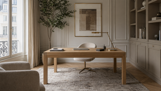 Bureau à la maison lumineux avec tapis discret, chaise confortable et rangements fermés