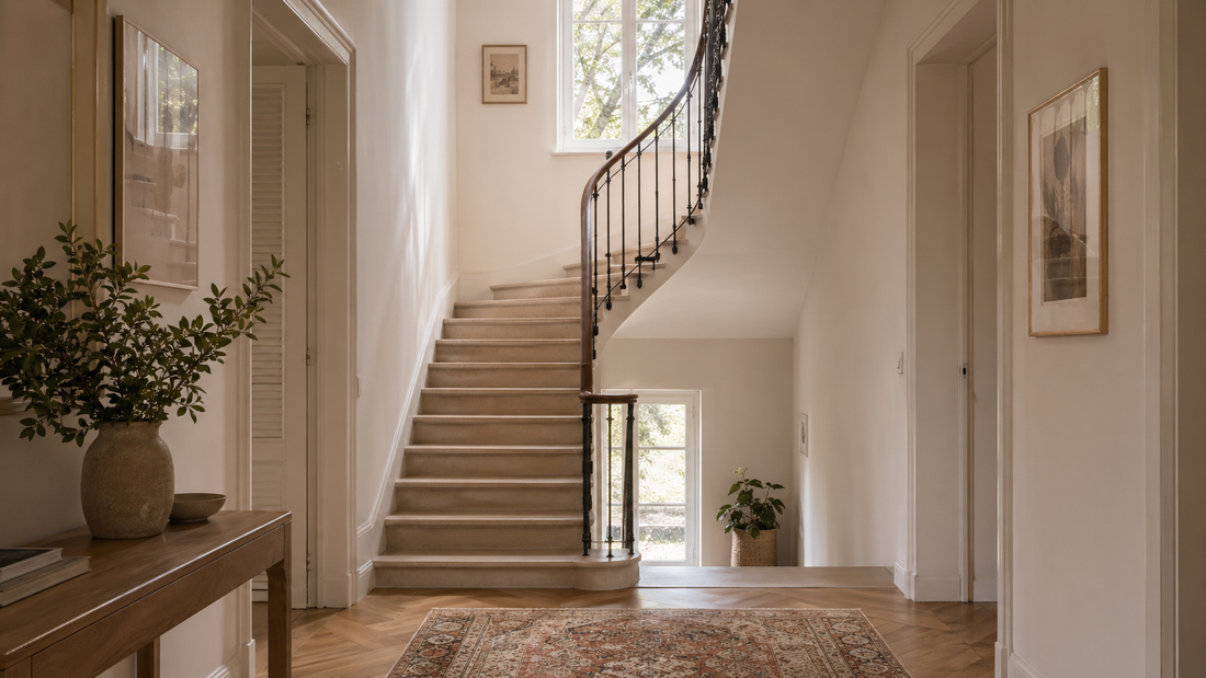 Cage d’escalier lumineuse avec montée sobre, tapis de passage et mur rythmé