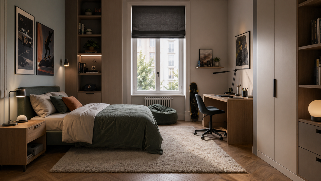 Chambre ado équilibrée avec tapis, bureau simple, affiches mesurées et rangement fermé