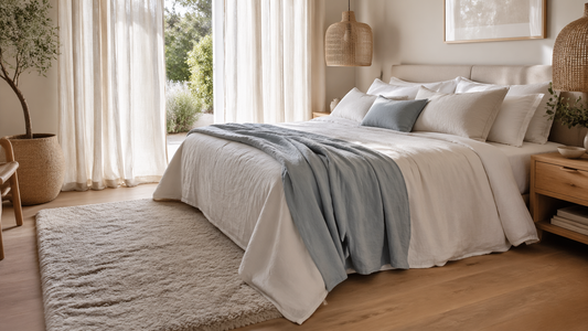 Chambre d’été cocooning avec linge clair, tapis doux et lumière du matin
