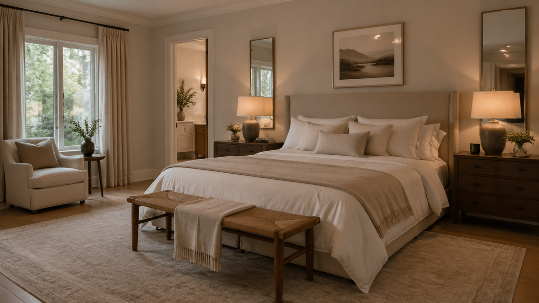 Chambre parentale minimaliste avec tapis discret, lit net et lumière chaleureuse