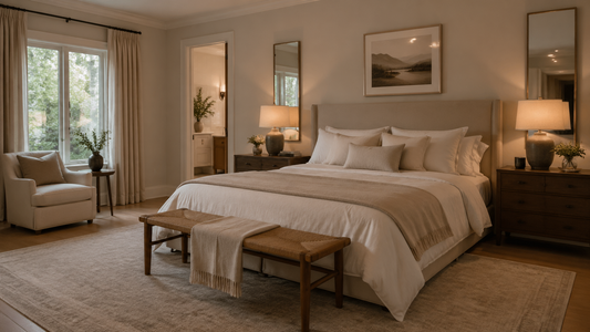 Chambre parentale minimaliste avec tapis discret, lit net et lumière chaleureuse