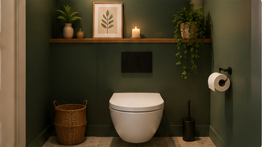 Toilettes décorées dans des tons verts et naturels avec rangement discret