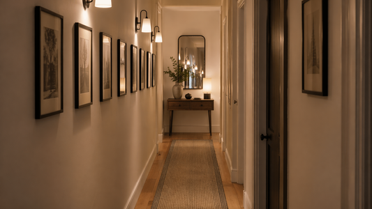 Couloir long et étroit décoré avec tapis, cadres muraux et lumière chaude