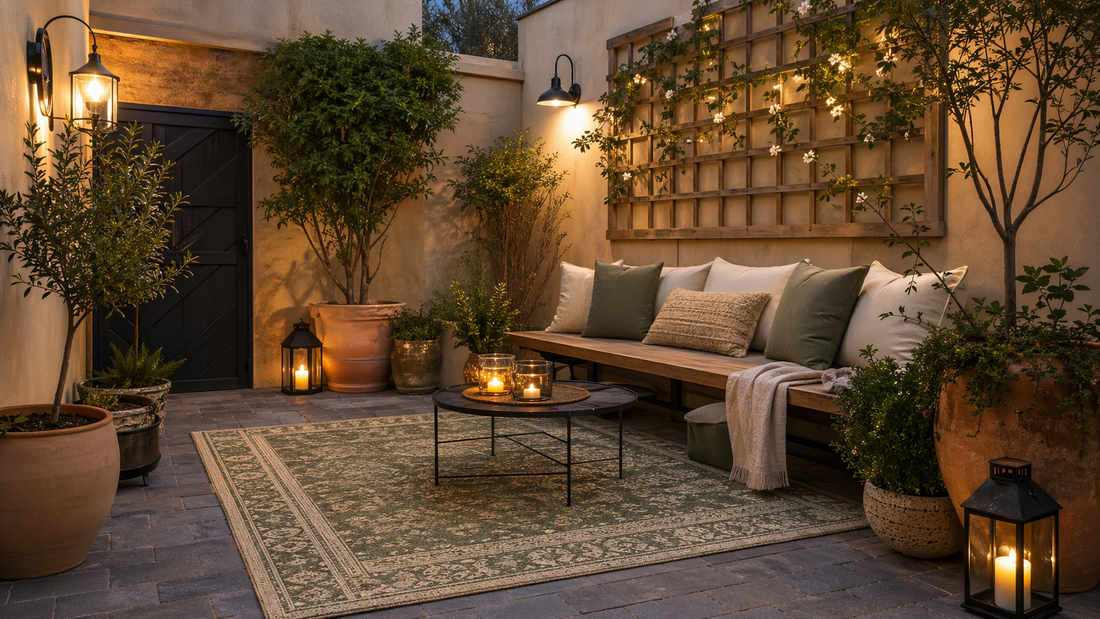Petite cour extérieure sans jardin aménagée avec tapis outdoor, banc et pots