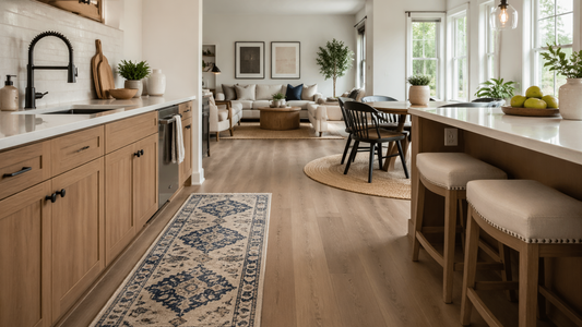 Cuisine ouverte sur salon avec tapis de cuisine, coin repas et matières coordonnées