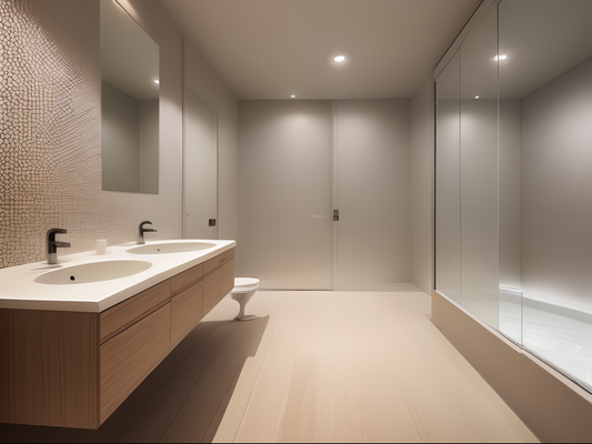 Petite salle de bain optimisée avec douche, vasque et rangements muraux