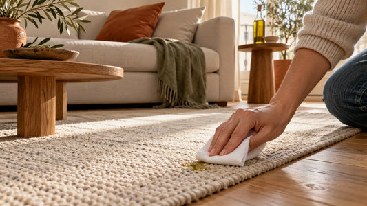 Un linge blanc absorbe une petite tache d’huile sur un tapis clair dans un salon.