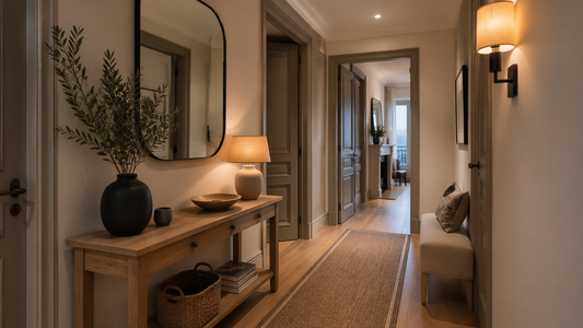 Entrée de maison élégante avec tapis de couloir, console en bois et miroir