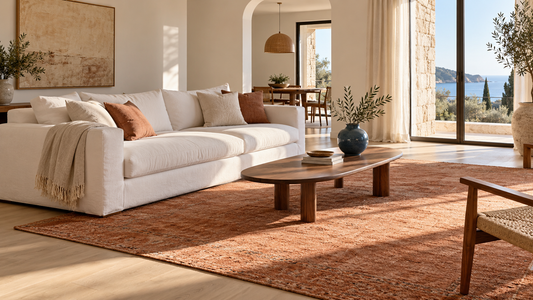 Canapé blanc et tapis terracotta dans un salon lumineux au mobilier en bois