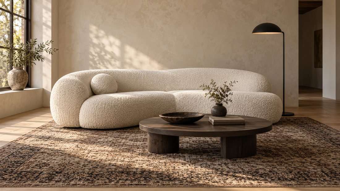 Canapé bouclette écru arrondi et tapis vintage brun dans un salon aux lignes sobres