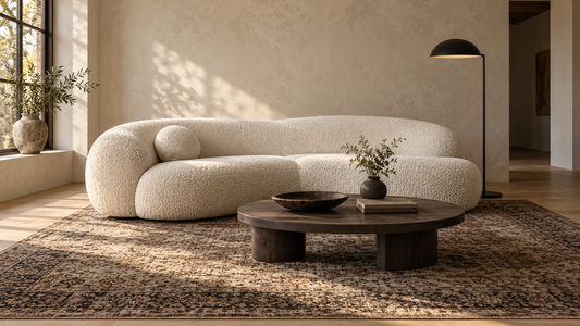 Canapé bouclette écru arrondi et tapis vintage brun dans un salon aux lignes sobres