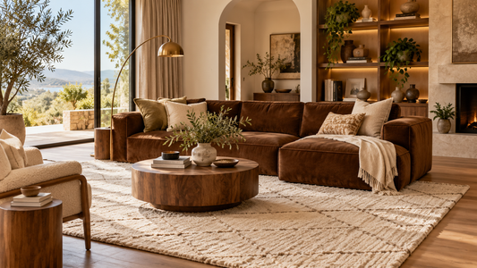 Salon chaleureux avec canapé marron et grand tapis écru texturé