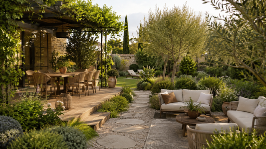 Jardin méditerranéen aménagé avec coin repas, salon extérieur, végétation et chemin en pierre