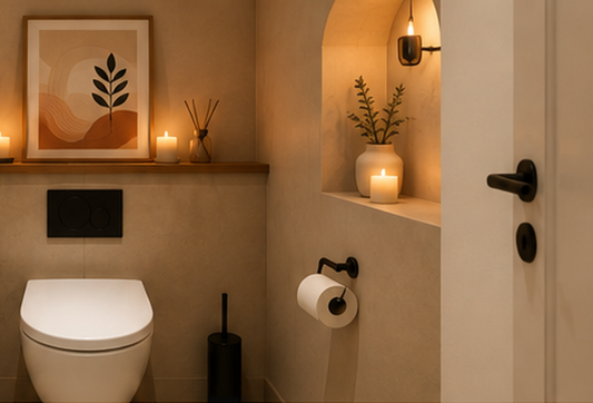 Toilettes élégantes aux tons chauds avec étagère en bois et éclairage d’ambiance