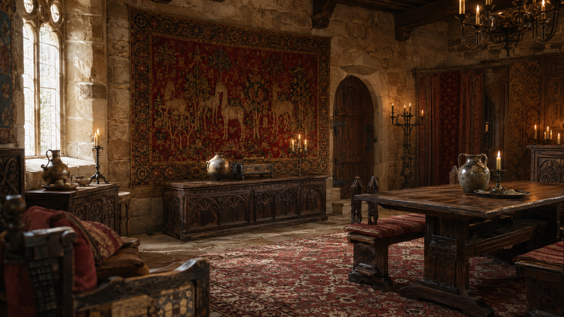 Reconstitution artistique d’une grande salle médiévale décorée de tentures, de bois sculpté et de chandelles