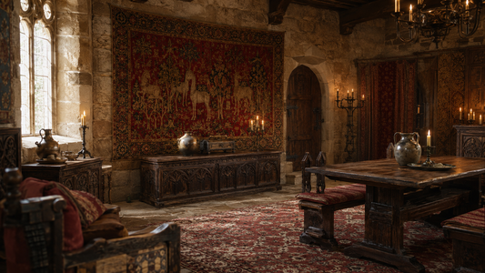 Reconstitution artistique d’une grande salle médiévale décorée de tentures, de bois sculpté et de chandelles