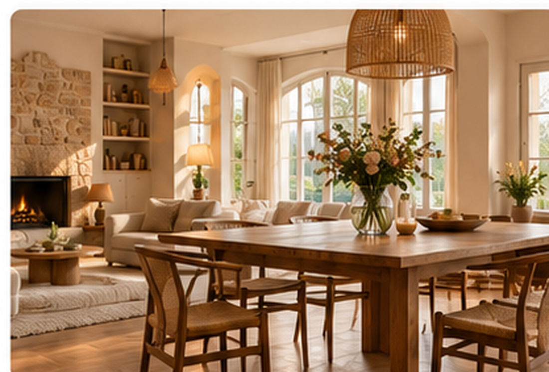 Maison chaleureuse avec salle à manger en bois ouverte sur un salon lumineux aux matières naturelles