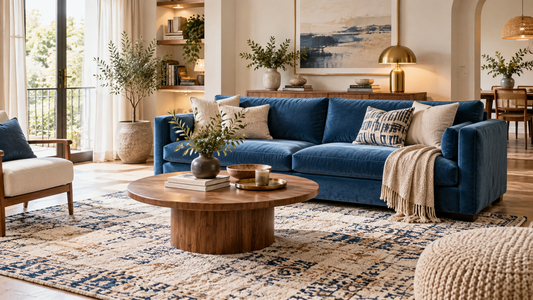 Canapé bleu et tapis clair dans un salon moderne aux tons naturels
