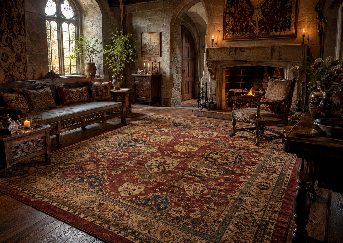 Salon chaleureux inspiré du Moyen Âge avec grand tapis ornemental rouge et beige