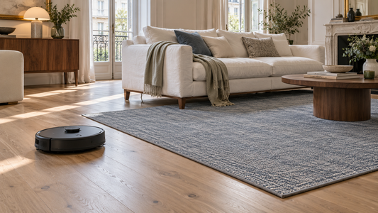 Robot aspirateur près d’un tapis à poils ras dans un salon contemporain