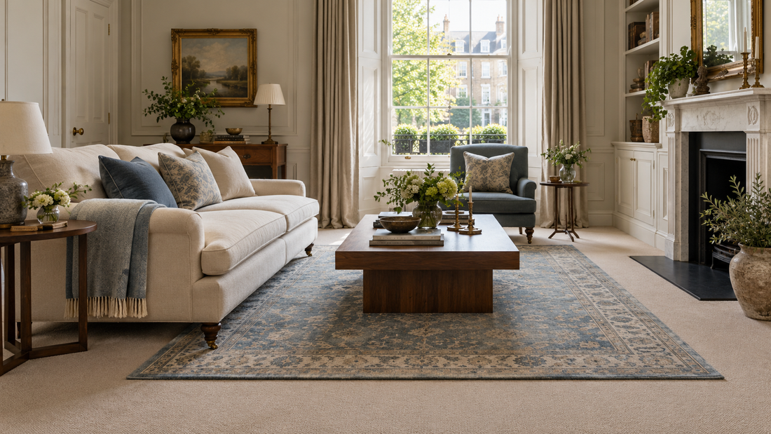 Tapis bleu patiné posé sur une moquette beige rase dans un salon lumineux