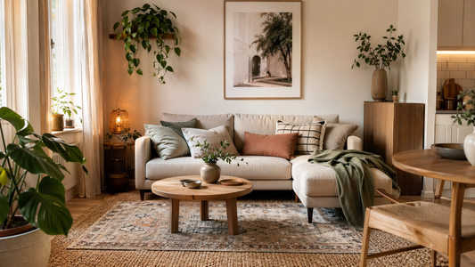 Petit salon moderne avec tapis texturé, canapé compact et lumière naturelle