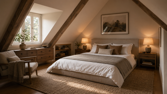 Chambre sous pente avec lit bas, tapis doux et mobilier bien adapté aux volumes