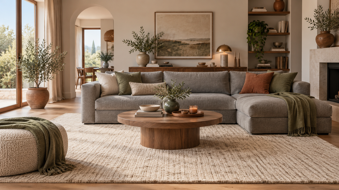Salon chaleureux avec canapé gris et grand tapis écru texturé
