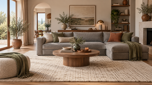 Salon chaleureux avec canapé gris et grand tapis écru texturé