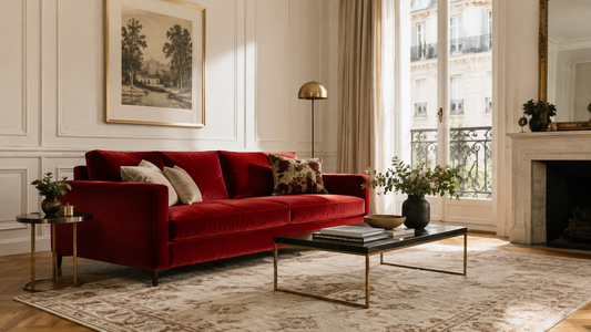 Salon élégant avec canapé rouge et tapis beige à motifs discrets