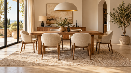 Salle à manger lumineuse avec grand tapis sous une table et six chaises
