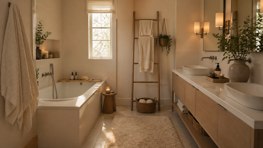 Salle de bain blanche adoucie par un tapis, du bois clair et une lumière chaude