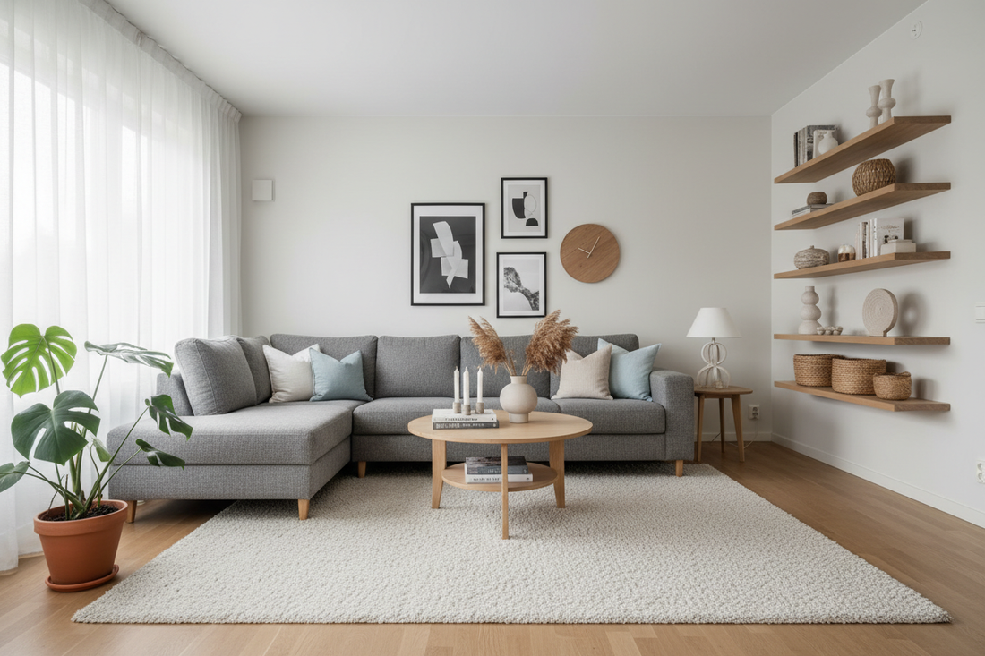 Salon avec tapis de la bonne taille sous le canapé et la table basse