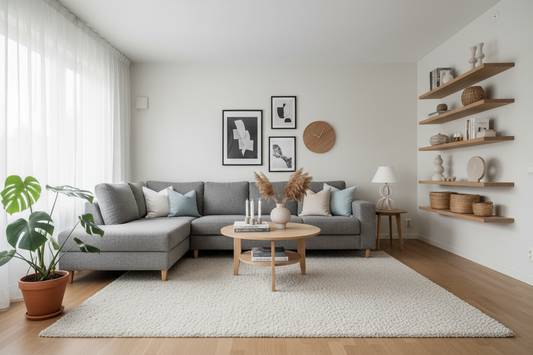 Salon avec tapis de la bonne taille sous le canapé et la table basse