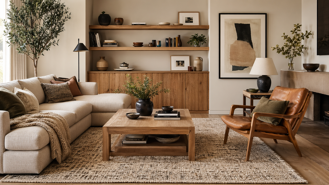 Salon beige et bois avec tapis texturé, fauteuil caramel et touches végétales